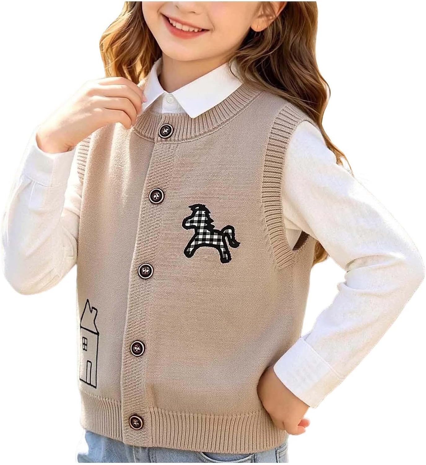 Oplxuo Boys Girls Button Front Knit Sweater Vest Horse Graphic Sleeveless