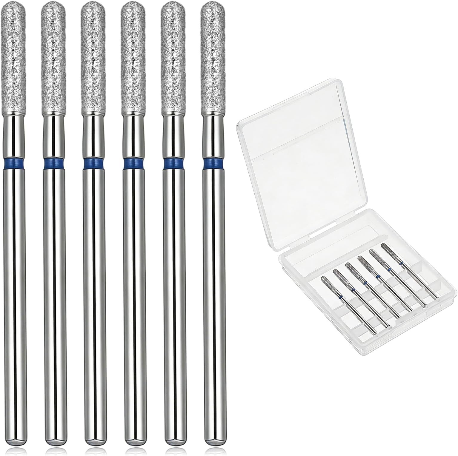 Cylinder Cuticle Drill Bits Set, 6 Pcs 3/32'' Cuticle Clean Drill Bit Professional Diamond Nail Buffer Bit Round Top Russian Manicure Bits with Case Nail Prepare for Nails Salon Manicure (Medium)