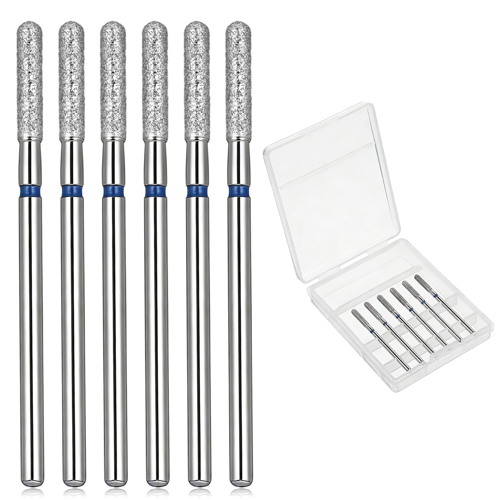 Cylinder Cuticle Drill Bits Set, 6 Pcs 3/32'' Cuticle Clean Drill Bit Professional Diamond Nail Buffer Bit Round Top Russian Manicure Bits with Case Nail Prepare for Nails Salon Manicure (Medium)
