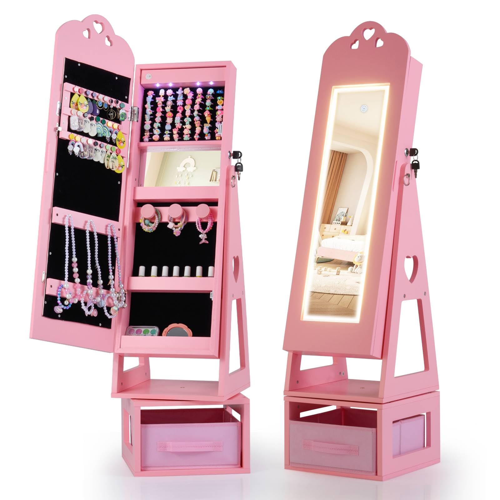 GYMAX Kids Jewelry Cabinet, Freestanding Girls Jewelry Organizer with Full-Length Mirror, Drawer and Anti-toppling System, 360°Swivel Children Jewelry Armoire for Bedroom (Pink, Heart with Lights)