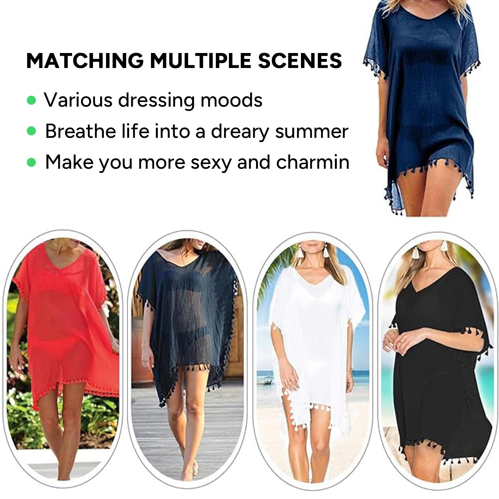 Robe de Plage pour Femmes Ete Bikini Cache-Maillots Mousseline Poncho de Plage Maillot de Bain Plage Bikini Cover Up Chic Loose Semi-Transparent Robe Couvrir Blouse Tunique pour Vancance