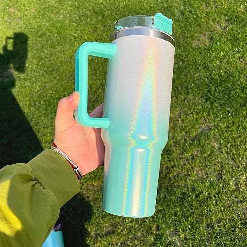 Miniatura 4 de Vaso brillante de 40 onzas con asa y tapa con pajilla. Vaso térmico para café de 40 onzas con asa, tapa y pajita. Mantiene las bebidas frías y