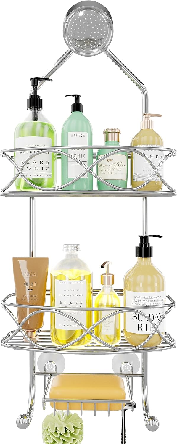 Shower Caddy Hanging 3 Tier with Two Movable Baskets, Grey Shower Caddy with Hooks for Towels, Sponge and More