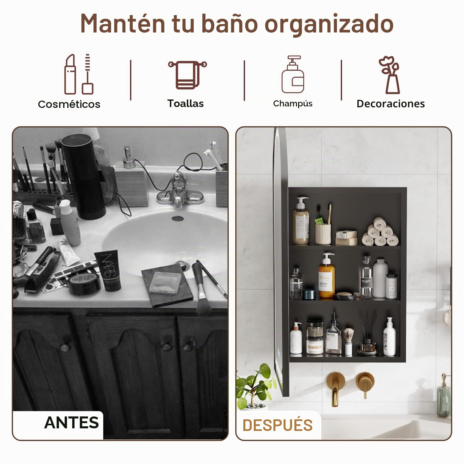 Armario Baño con Espejo LED iluminación y Función de Desempañado (No Requiere ensamblaje) Antivaho Arqueada Metal Armario de Pared Colgante con 2 Estanteria Negro 40x79x12.5 cm