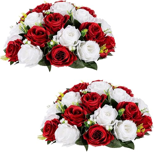 NUPTIO Centros de mesa de boda de flores grandes, 2 piezas de 13.8 pulgadas de diámetro, flores artificiales color carmesí y blanco, bola de rosas