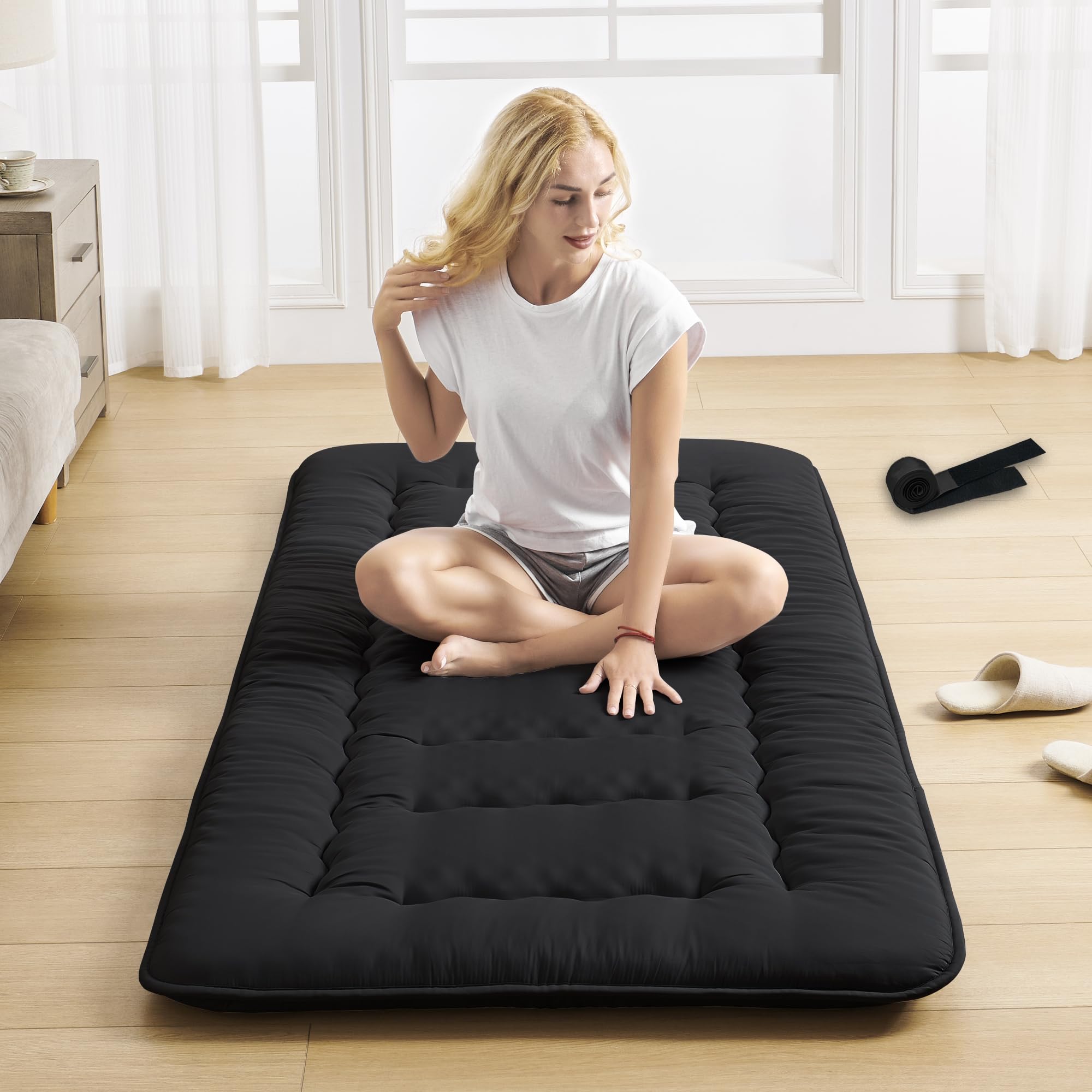 Futon Mattress Japanese Floor Mattress - High Support Foam Foldable Roll Up Shikibuton Tatami Mat with Straps, Sleeping Pad for House Guest, Camping, Travel (Black, Twin Size)