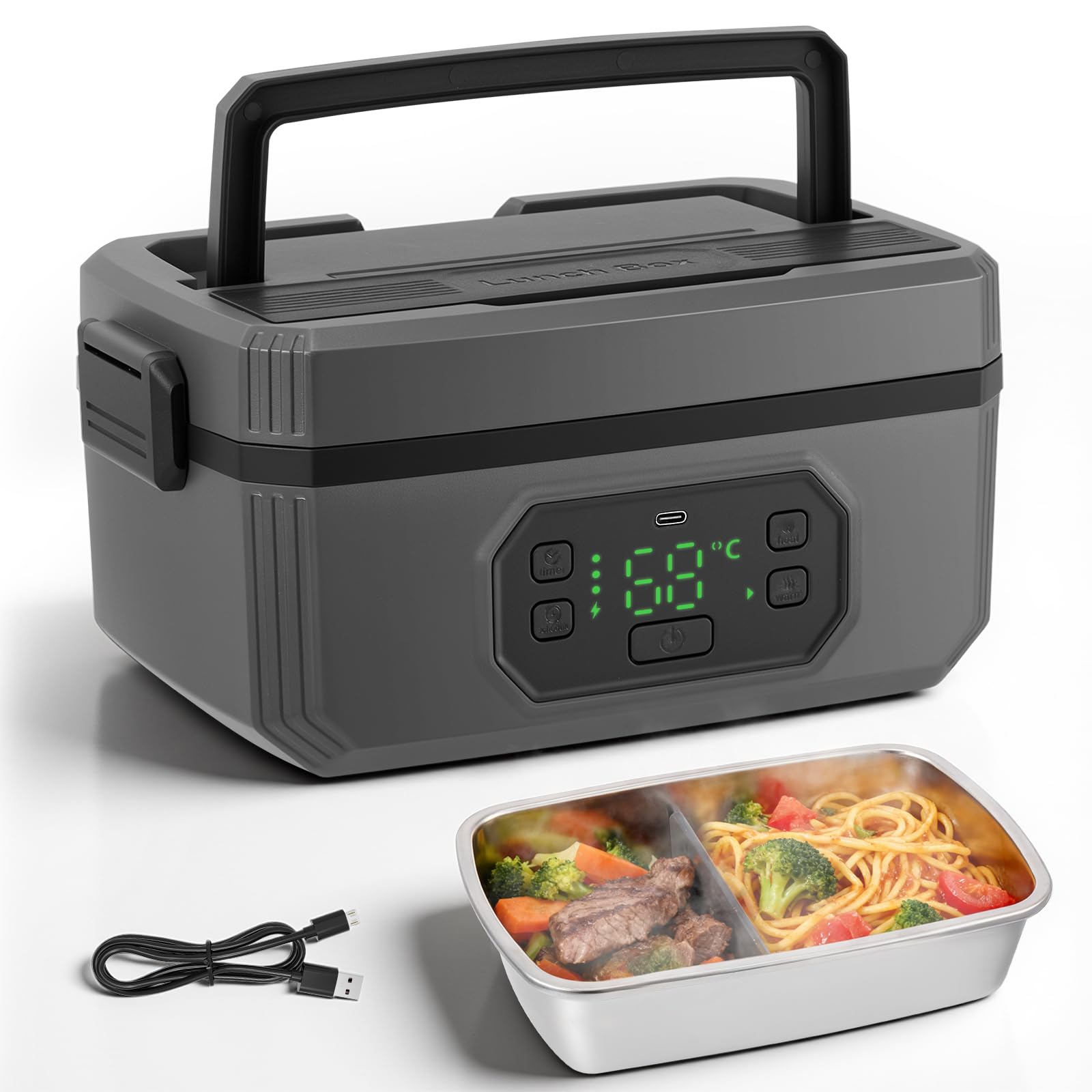 Scaldavivande Elettrico Portatile, Scaldavivande a Batteria Ricaricabile 1L Lunch Box Elettrico, Scalda Vivande per Adulti in Acciaio Inossidabile, Scaldavivande USB con Stoviglie e Borsa Termica