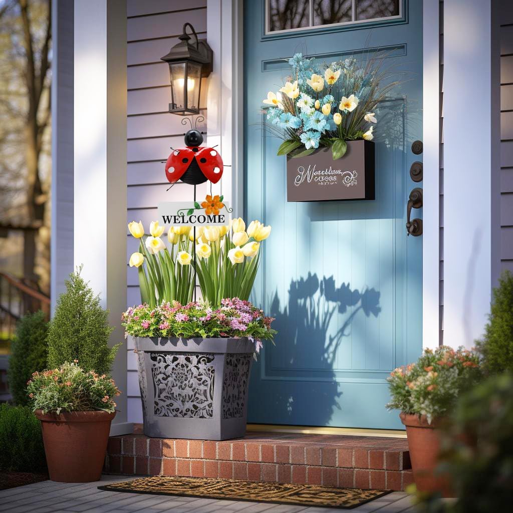 30 Inch Ladybug Garden Stake Outdoor Spring Decoration, Rustic Metal Bug Yard Art Stake Welcome Sign Lawn Ornament for Outside Yard Lawn Patio Decoration (Bug)