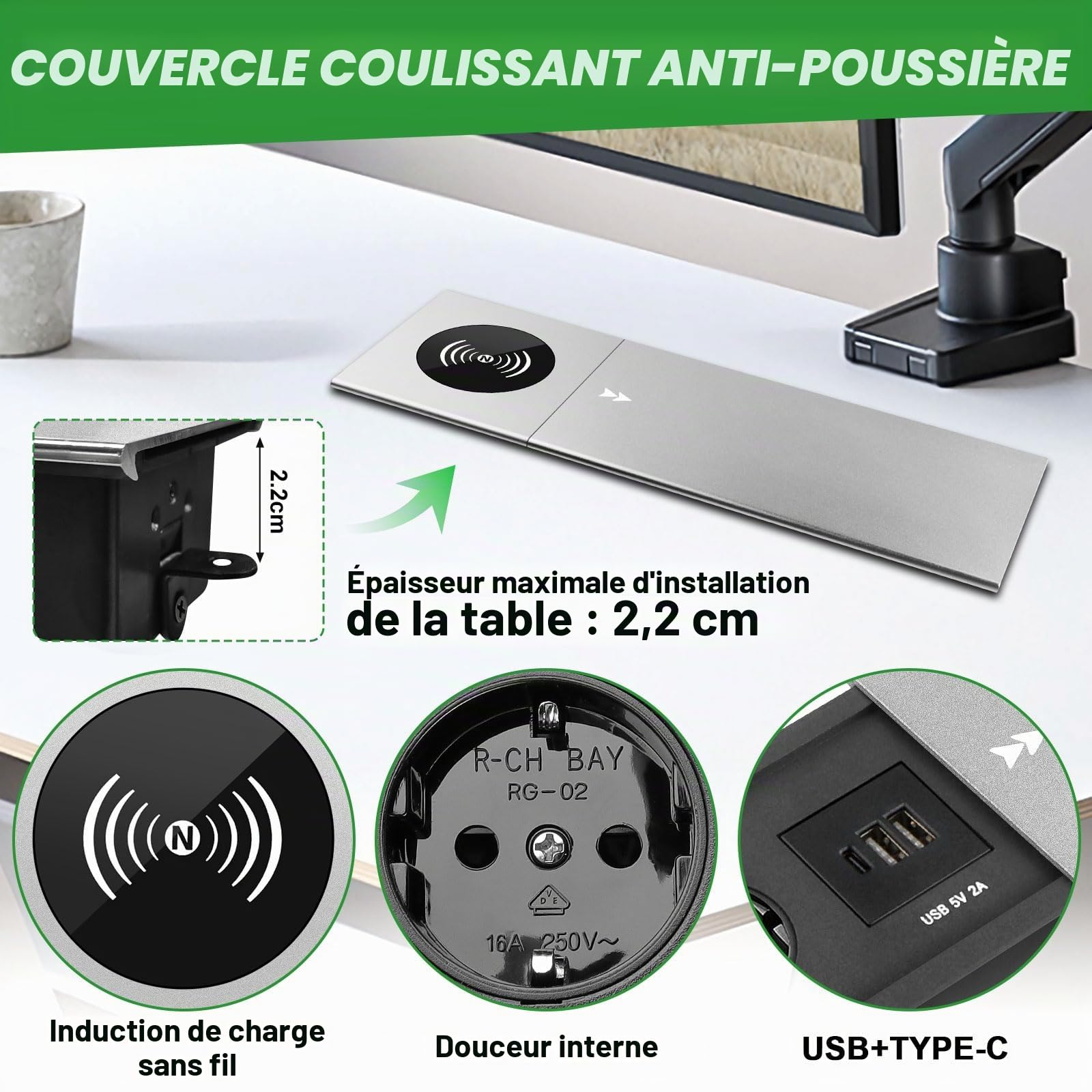 Multiprise encastrable escamotable 2 Prises Multiprise intégrée USB C PD