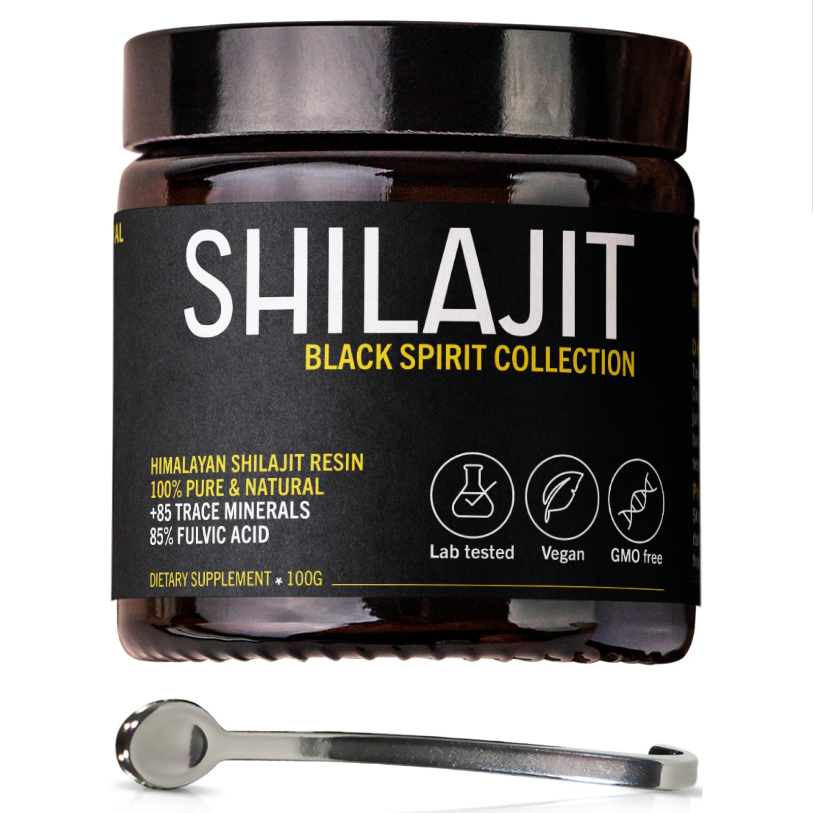 Shilajit del Himalaya 100G + Cuchara incluida | Resina Pura | 85% de ácido fúlvico, Alta Concentración | Vegano, sin OGM, sin Aditivos | Probado en Laboratorio