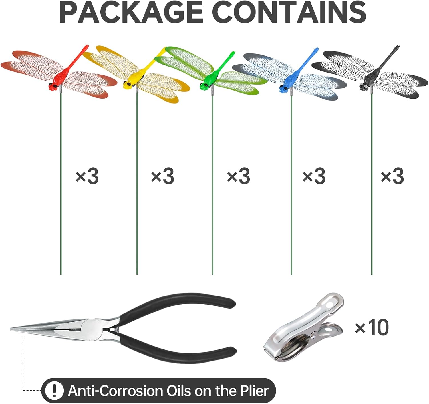NiHome 15PCS Decorative Dragonflies with 10 Clips Decor for Garden, 9.8" Long Multicolor Waterproof Outdoor & Indoor Use, Versatile Clip-On Plant Decoration, Includes Pliers for Easy Attachment