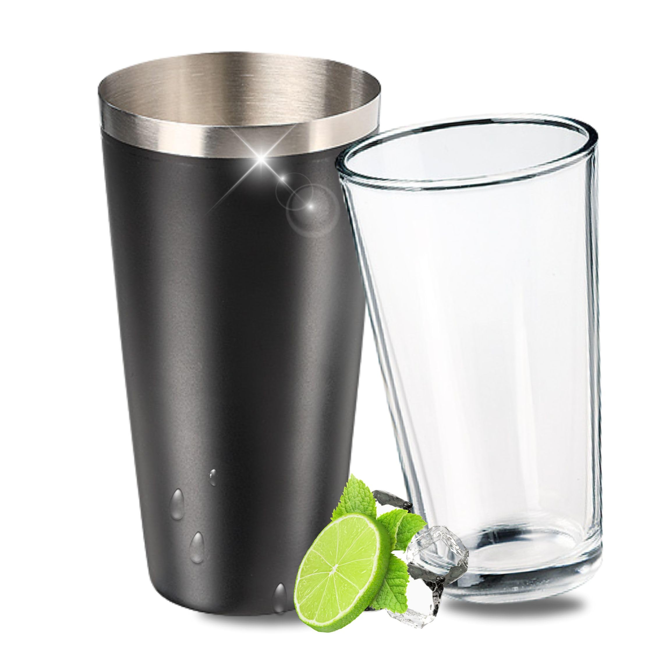 Uakeii Boston Professional Shaker with Mixing Glass 700 ml "Boston" Cocktail Shaker Stainless Steel with Cold Protection Non-Slip Coating Black