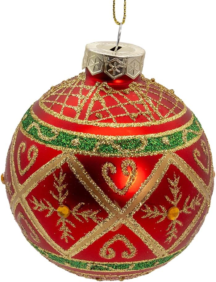 Kurt Adler 80MM Glass Red with Green & Gold Design Ball Ornaments