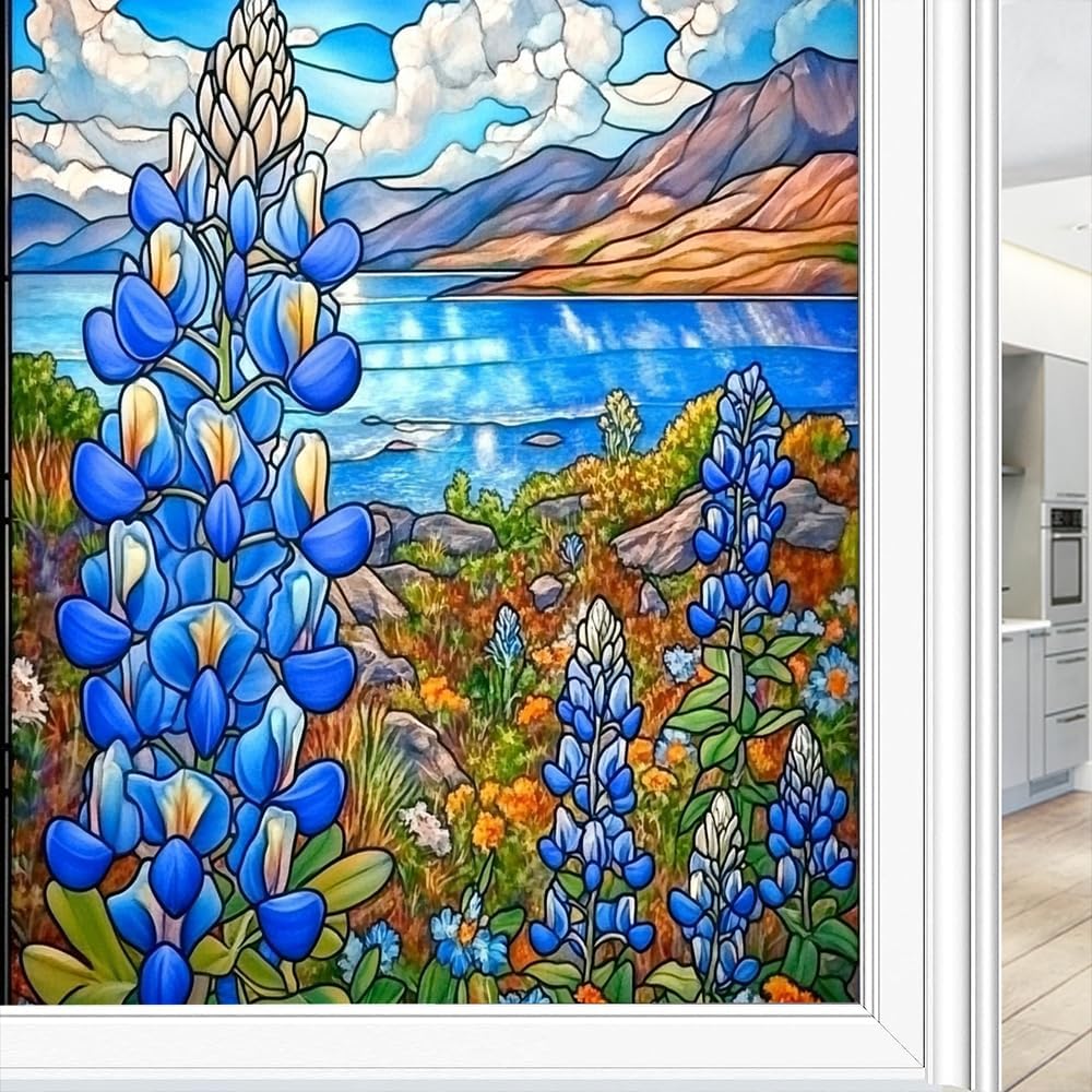 Colorful Retro Flower Stained Glass Window Stickers Bouquet Texture Abstract Landscape Privacy Window Film Glass Door Covering Self-Adhesive Decals for Bathroom Kitchen 35.4Wx63L inch