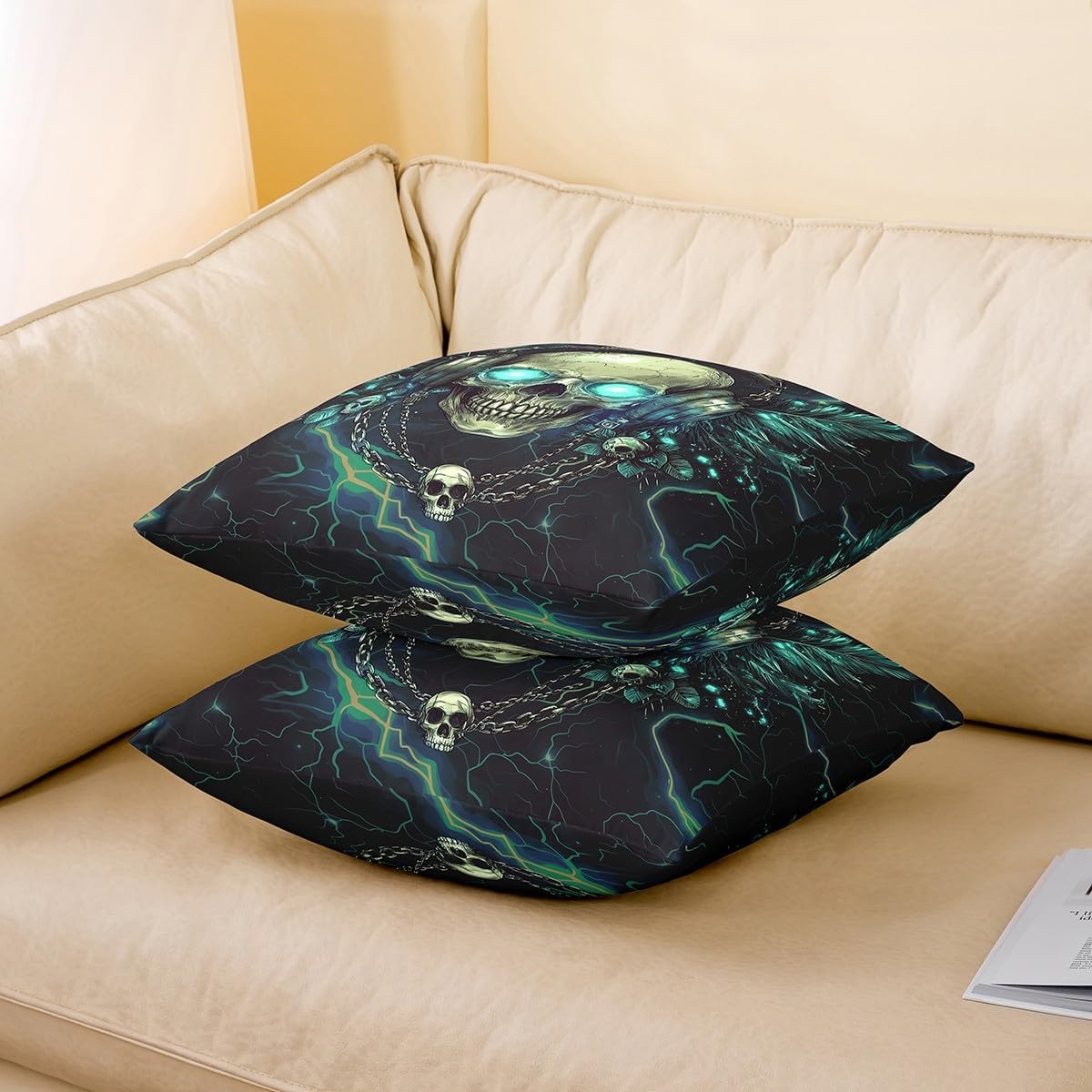 Gaming Skull Pillow Covers Gothic Sugar Skeleton Pillow Cases Musical Headset Cushion Cover for Living Room Cool Neon Lightning Thunder Pillowcase 22x22 Inch,Set of 2 image 3