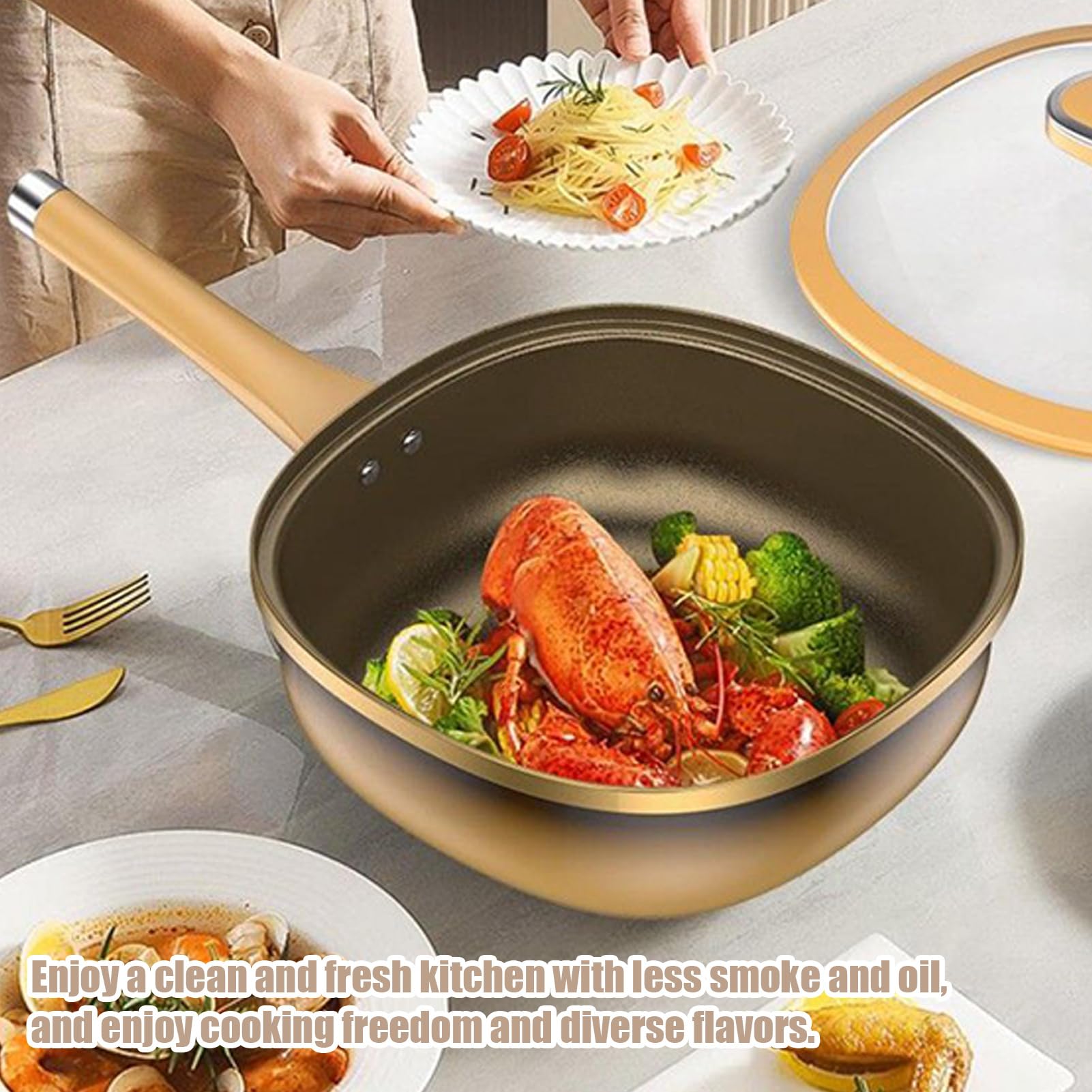 Pan De Titane, Poêles Profonde Antiadhésive Avec Couvercle, Résistante Aux Rayures, Pour Induction Cuisson Au Four Grill Camping Appartement