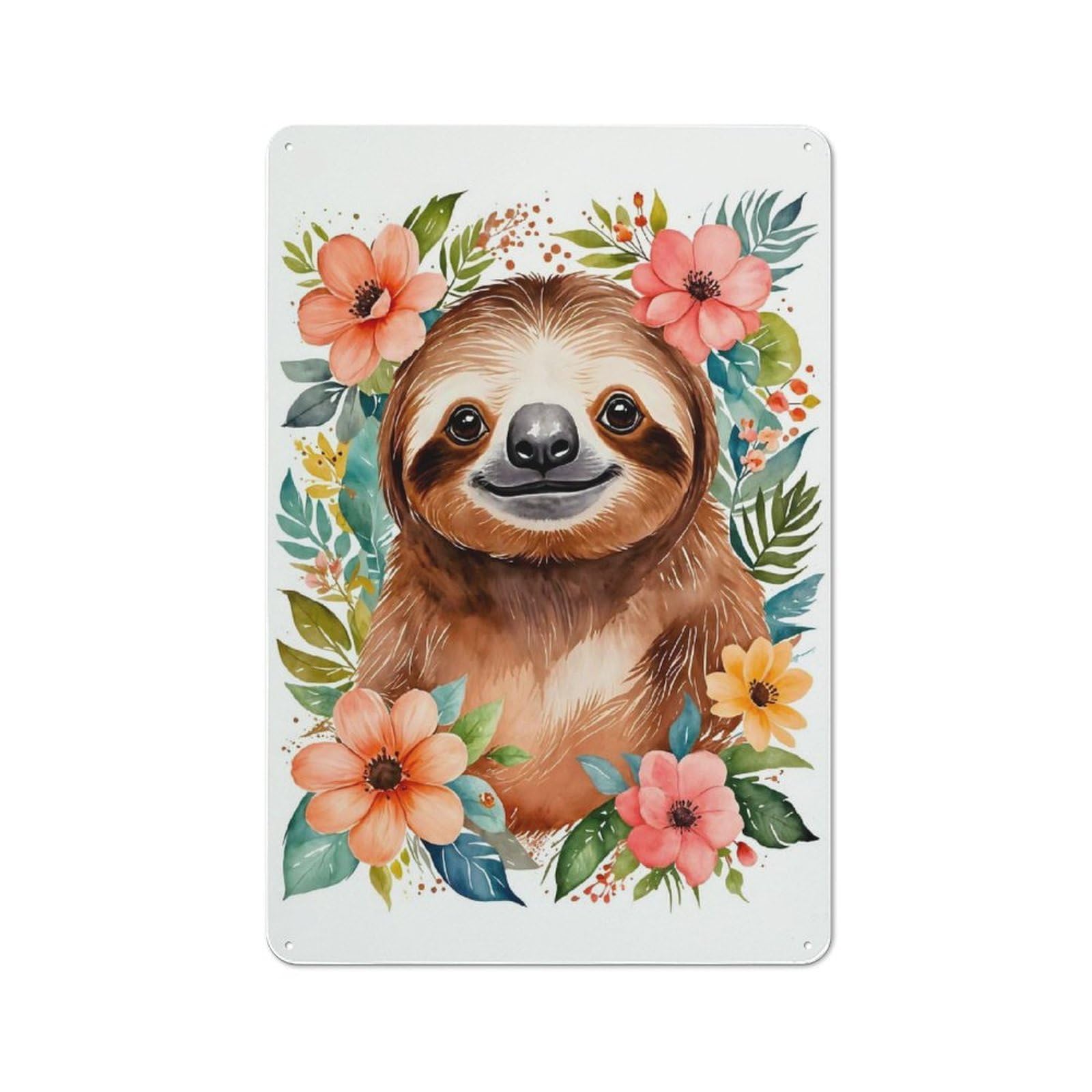 Junmoney Style Sloth Flowers Watercolor Cottage Metal Wall Decor 30X20cm, Tin Wall Plaque For Kitchen, Cottage, Porch Or Garden Room