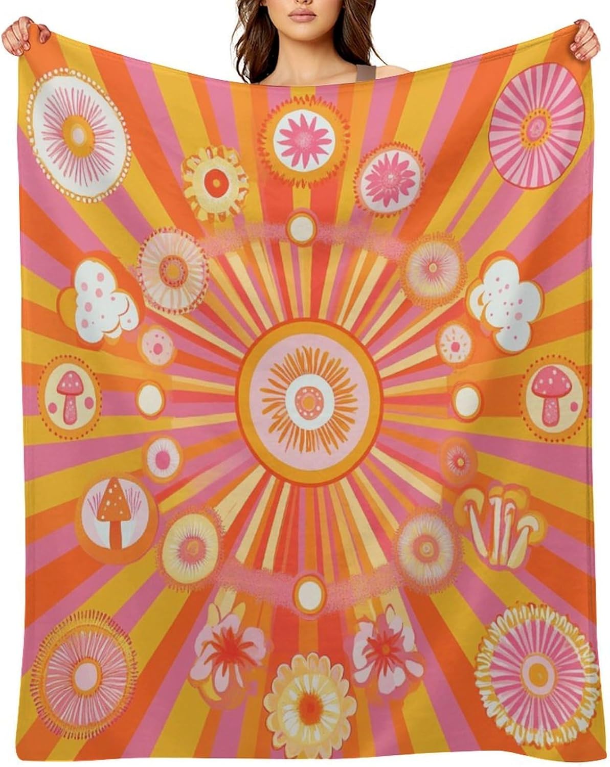 Retro 70s Floral Flannel Blanket,Cartoon Watercolor Hippie Style Flower Mid Century Pattern Soft Warm Lightweight Throw Blanket Bedding Sofa Decor,