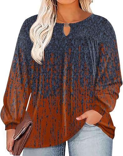 TFSDOD Plus Size Long Sleeve Floral Tunic Tops Work Blouse Pleated Crewneck Tshi