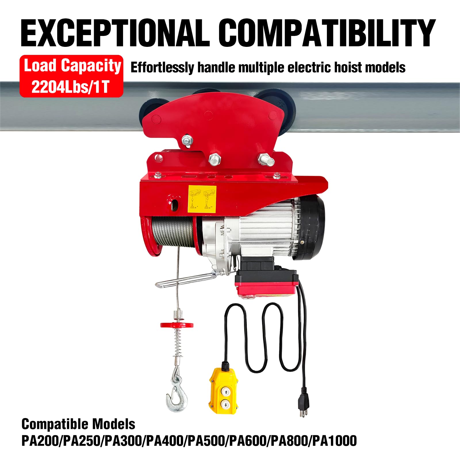 Carrello manuale per I-Beam 997,9 kg con 6 ruote resistenti, con innesti a spinta per paranco elettrico PA200 a PA1000, flangia regolabile da 6,8 cm a 11 cm per sollevamento, capacità di carico di 1