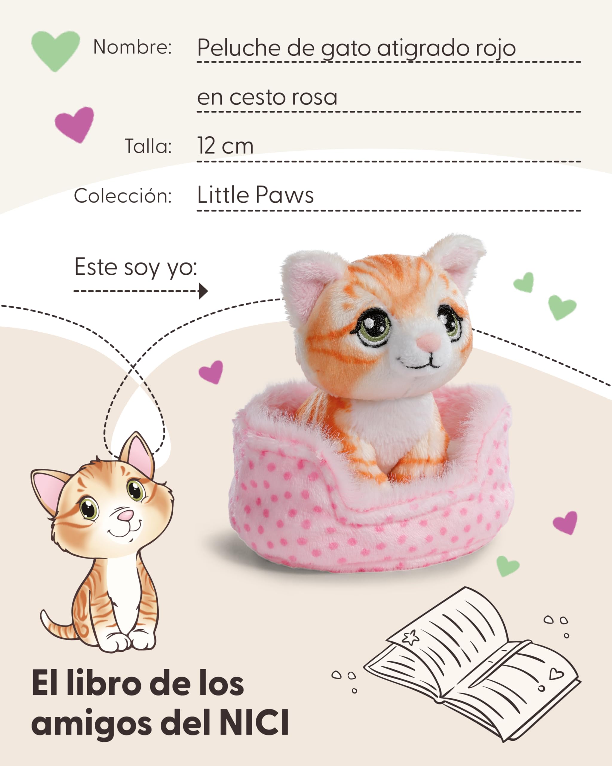 NICI Gatito Atigrado En Cestita – Peluche De 12 Cm, Suave Y Adorable, Hecho Con Materiales Reciclados, Regalo Para Niños Y Adultos