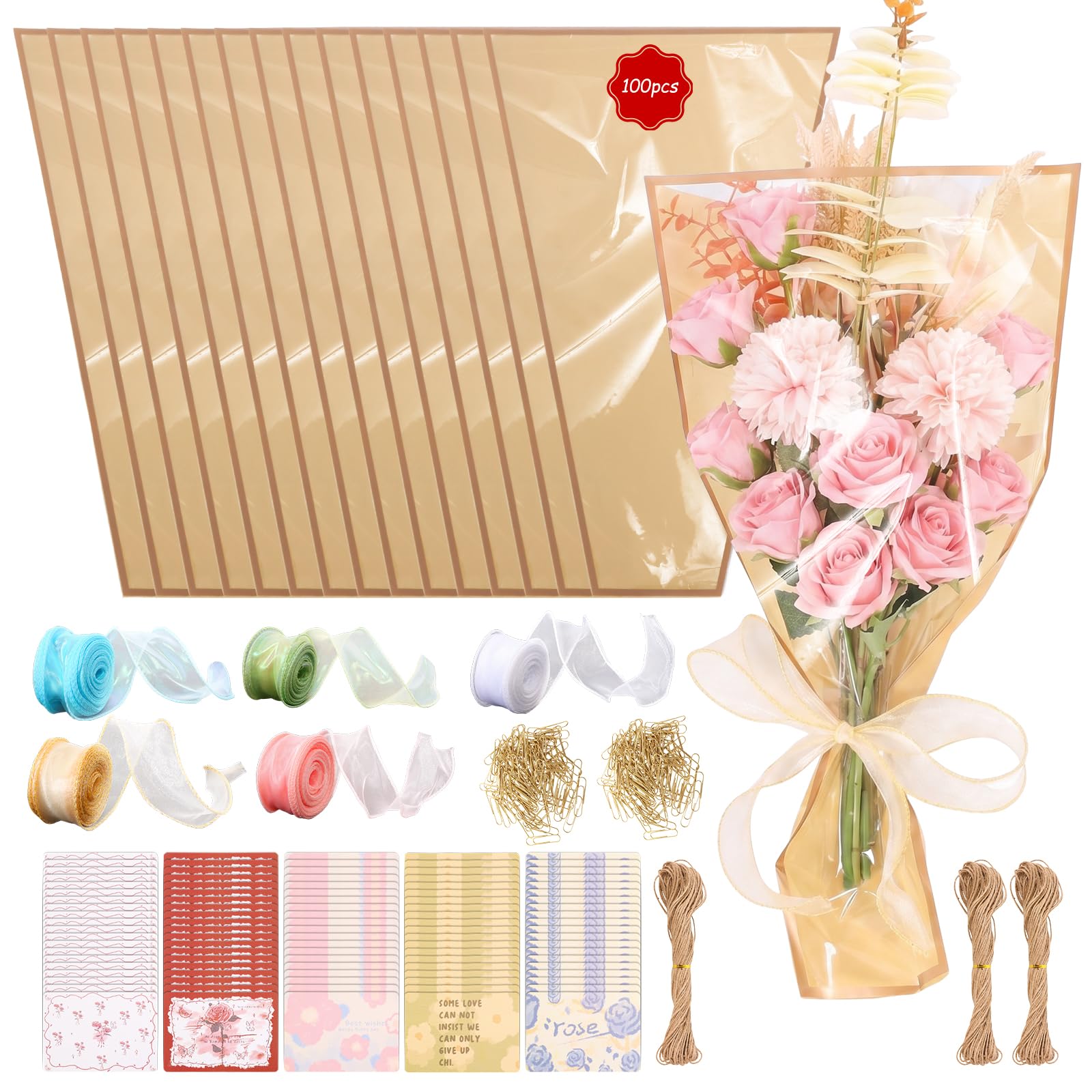 CWAGRQ 100 Pcs Flower Bouquet Wrapping Bags 29x45cm with Ribbon Twine Cards, Pink Yellow Florist Wrap Supplies Pack for Flower Bar Wedding Valentine Birthday, OPP Clear Window Cellophane Sleeve
