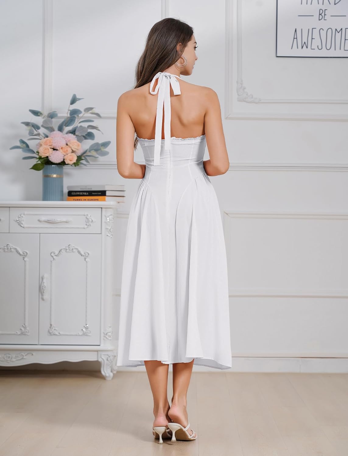 Floral Corset Dress Solid Long Dress Sleeveless Halter Low Cut Dress Open Back Bustier Midi Dress Summer - Image 5