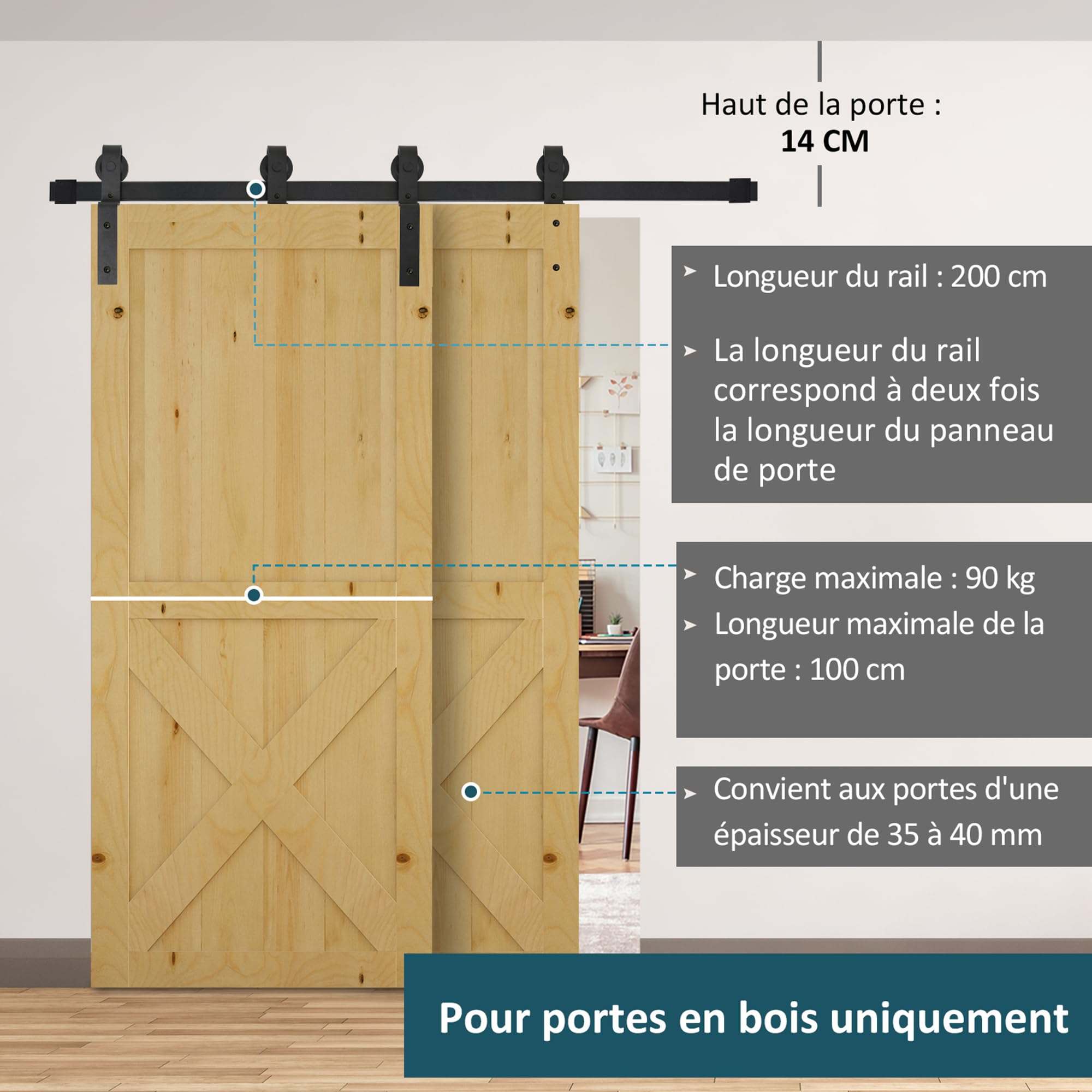 HOMCOM 200CM Quincaillerie Porte Coulissante de Grange Acier au Carbone