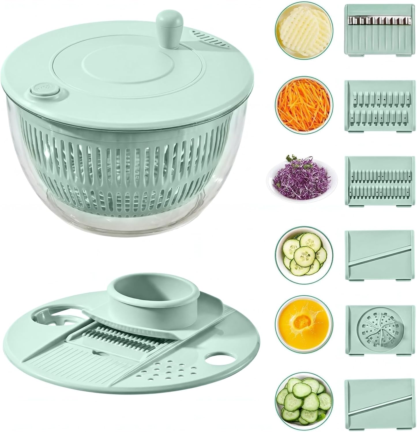 Large Salad Spinner and Slicer 5.3 Qt, 3-in-1 Compact yet Spacious Salad Spinner, Vegetable Fruit Drain Bowl with 5-Blade Slicer for Versatile Kitchen Use (Green)
