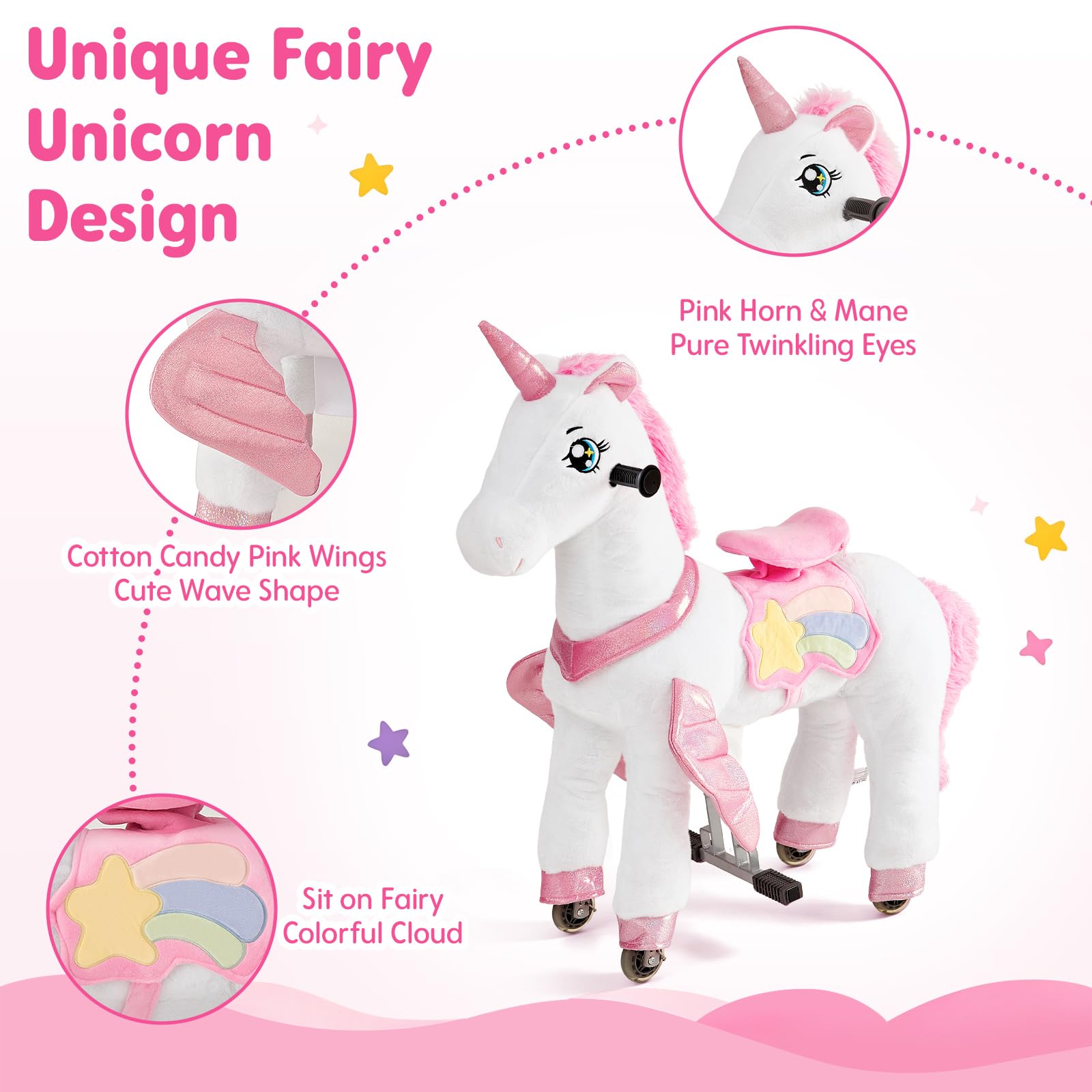 FUNLIO Unicornio Montable para Niños 3–6 Años, Juguete Montable de Peluche con Ruedas para Juego Interior y Exterior, Fácil de Montar, Certificado CPC & CE – Pequeño