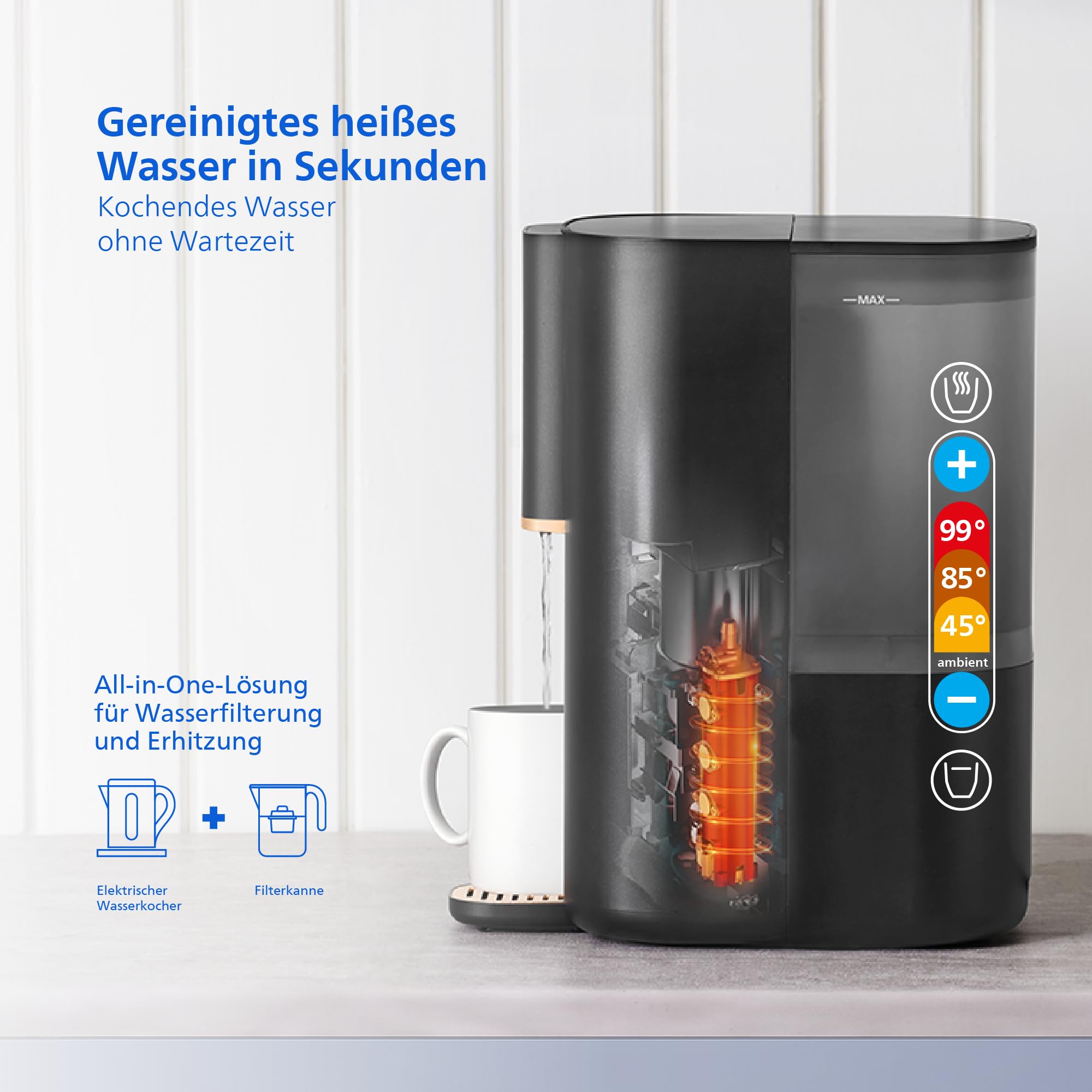 Philips 6100 Umkehrosmose-Wasserspender: Heißes, gereinigtes Wasser in Sekunden, 5-in-1-Umkehrosmosefilter-Filter reduziert >110 Schadstoffe, 3:1 Rein-Abwasser, UV-C-Schutz, keine Installation, 2000L