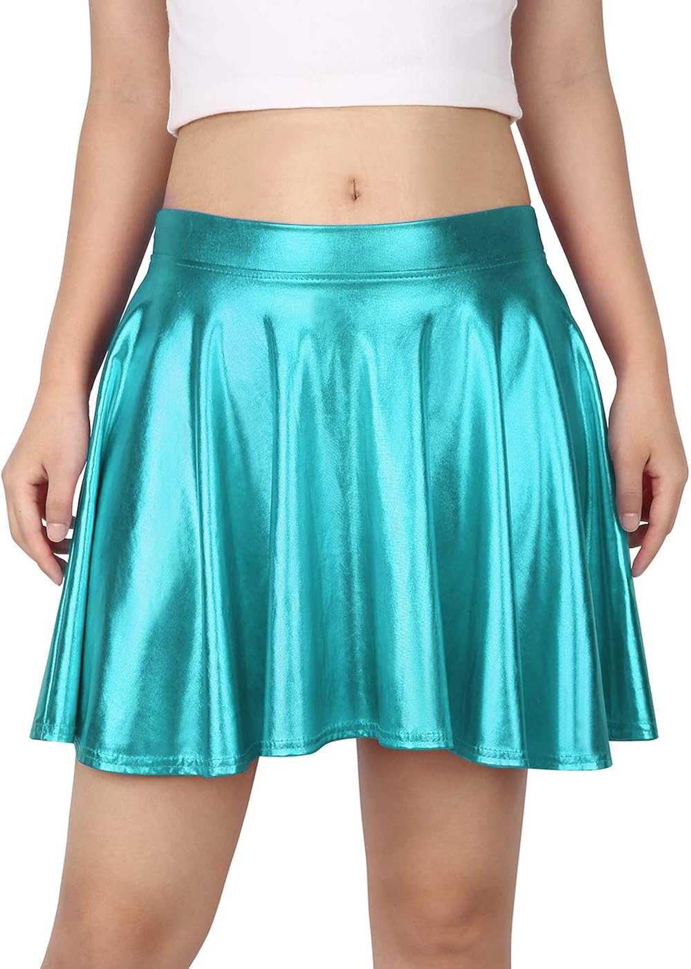 Vista 2 de HDELíquido Metálico Brillante Wet Look de la mujer acampanado Skater Falda Plisada