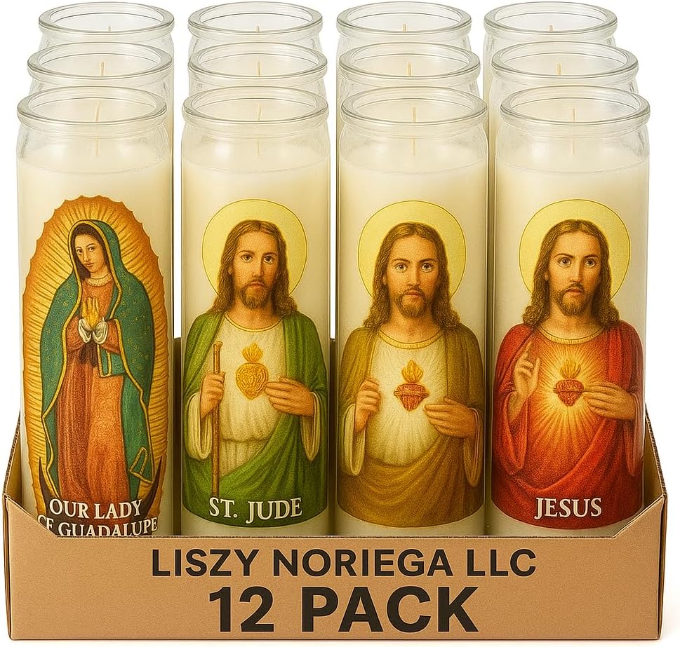 Religious Prayer Candles 12 Pack, Our Lady of Guadalupe, St. Jude, Jesus, Glass Devotional Candles for Home Altar, Church, Novenas