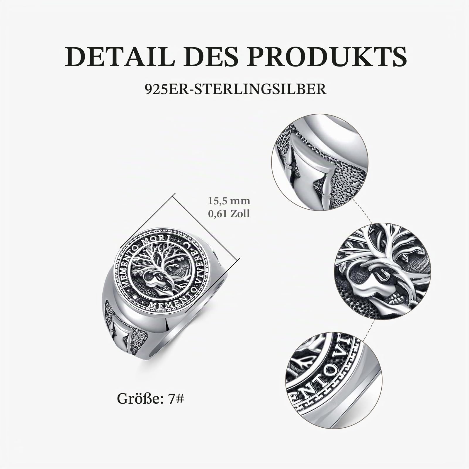 Memento Mori Ring für Herren - 925 Sterlingsilber Lebensbaum, Gotischer Totenkopf, Memento Vivere Amulett Schmuck Geschenke