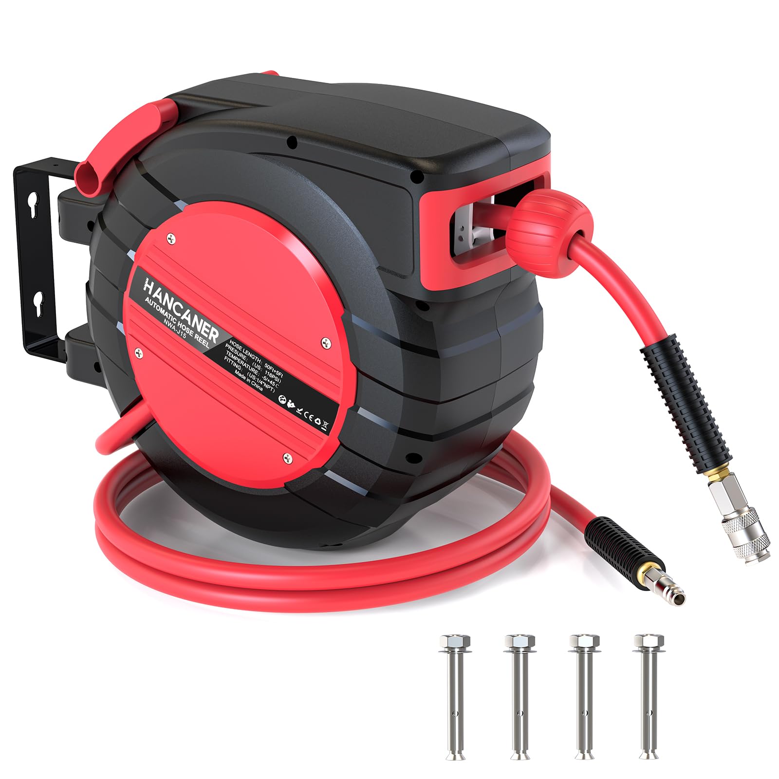 Haspel perslucht 15 m 1/4 10 bar PP met automatische oprol en zwenkbare muurbeugel MW Tools MW Tools HAL00815CG