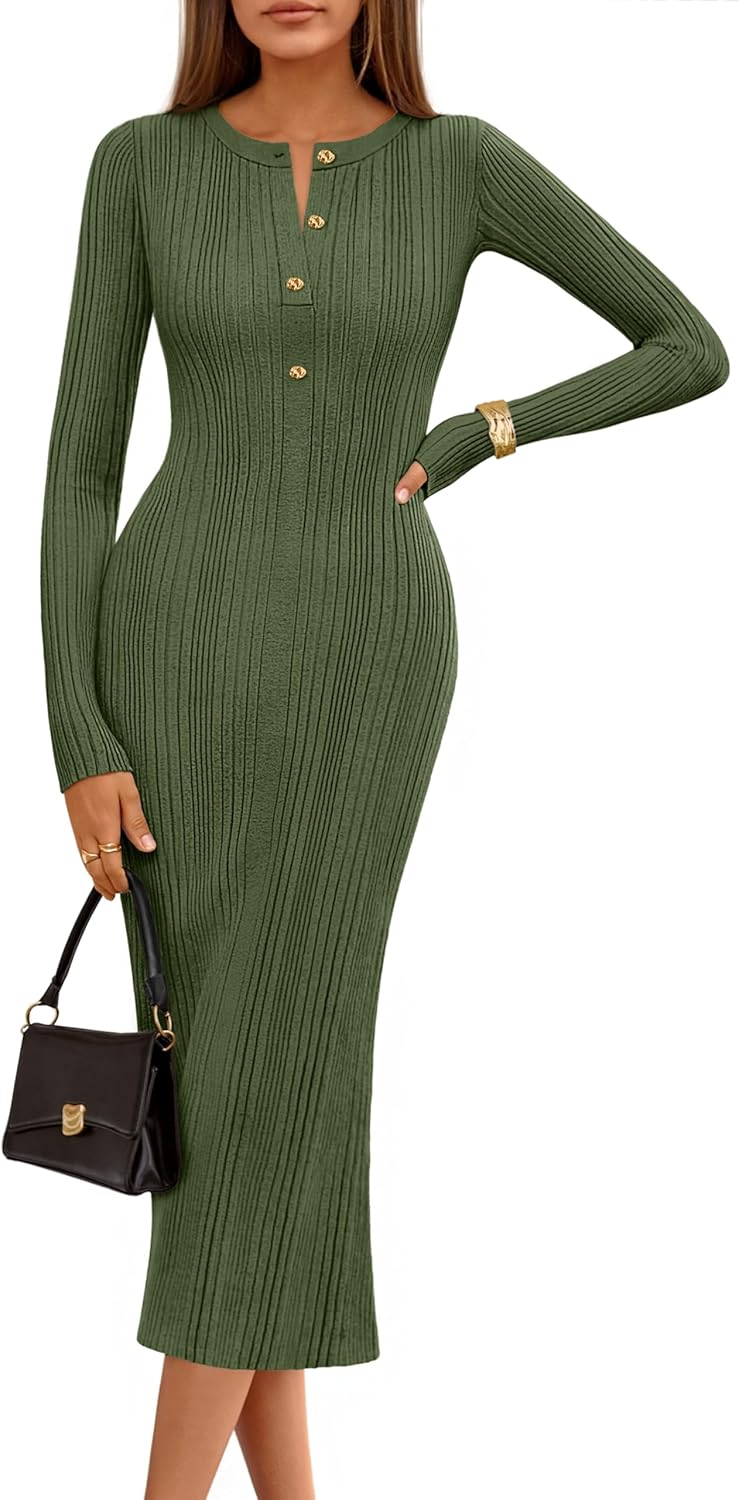 MEROKEETY Women's Bodycon Sweater Dress 2025 Fall Winter Long Sleeve Button Crew Neck Ribbed Knit Midi Work Dresses