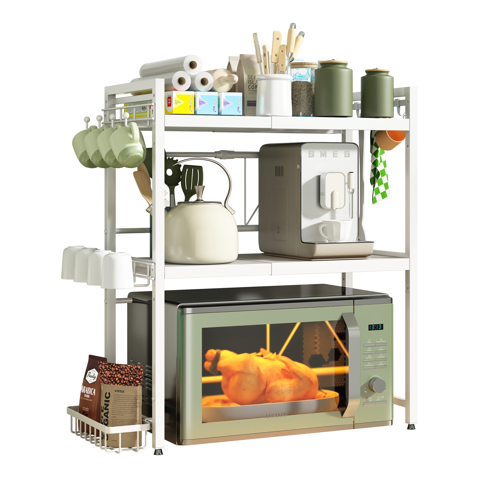 NETEL Soporte Extensible para microondas de 3 Niveles,Estante microondas encimera Ajustable,estanteria Cocina encimera, Organizador microondas con Soporte para Tazas y Cesta de Almacenamiento,Blanco