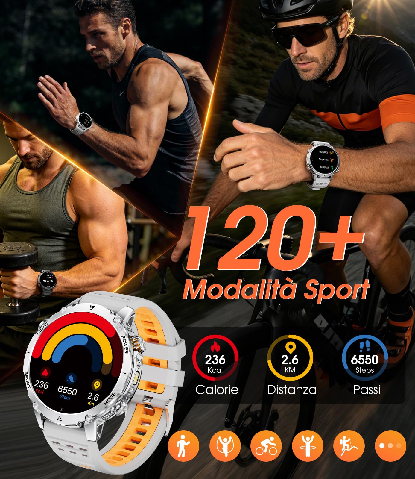 LIGE Smartwatch Uomo 1400mAh Batteria Lunga,1.7" Smart Watch Militare con Torcia LED,Chiamata Bluetooth,120+ Sport,5ATM Impermeabile,Frequenza Cardiaca,Android iOS,2 Caricabatterie, EF26-D