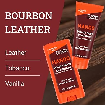 Mando Whole Body Deodorant For Men - Mini Travel-Sized Invisible Cream and Solid Stick - 72-Hour Odor Control - Aluminum-Free, Baking Soda-Free - 0.5 oz Tube and 0.5 oz Stick - Bourbon Leather Scent