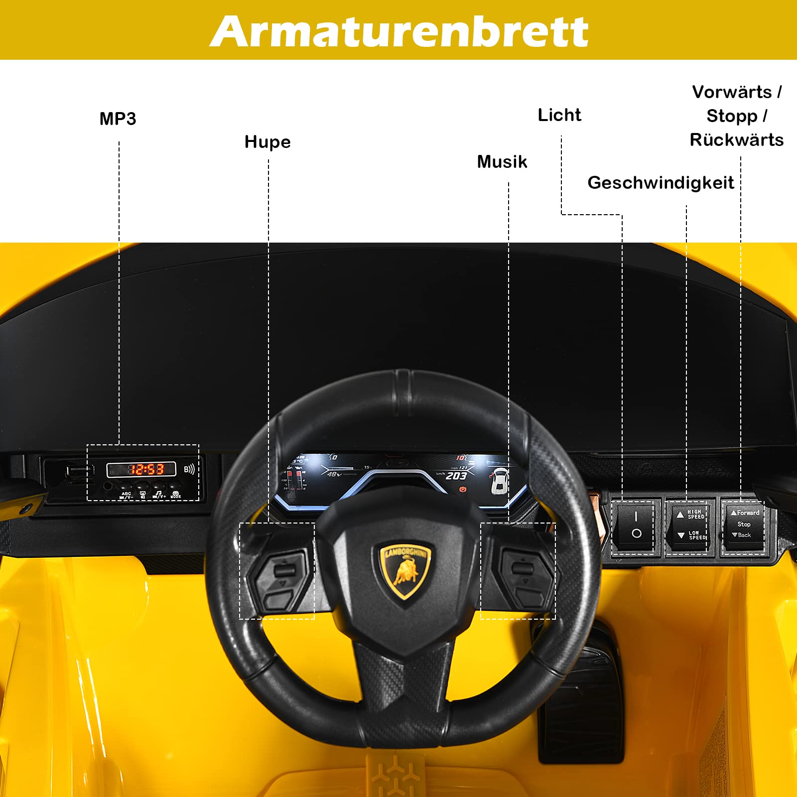 GOPLUS Kinder Elektroauto Lamborghini, Kinderauto mit Fernbedienung, Kinderfahrzeug, Bluetooth USB, mit Hupe & Musik, 3-5 km/h, Vorwärts & Rückwärts Möglich, für Kinder von 3-8 Jahre (Gelb)