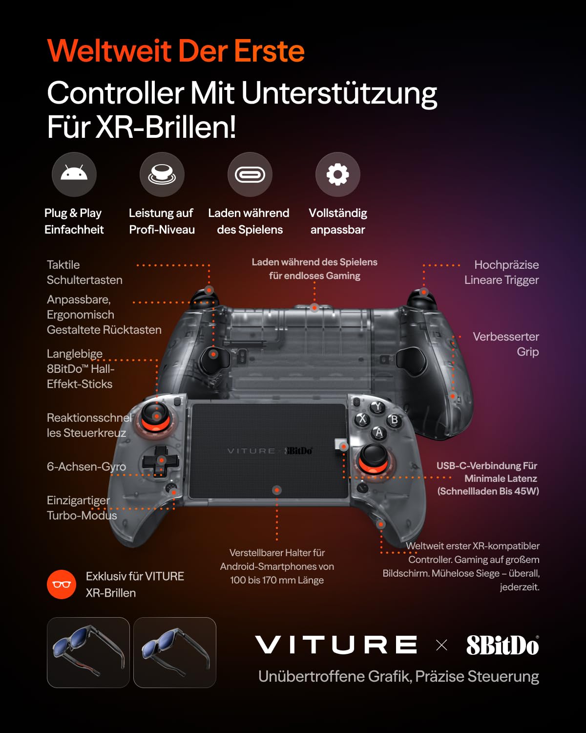 VITURE x 8BitDo Ultimativer Mobile Gaming Controller - Weltneuheit für XR-Brillen | USB-C Anschluss für minimale Latenz, Hall-Effekt-Sticks, Aufladen während des Spielens, Pro Performance für Android