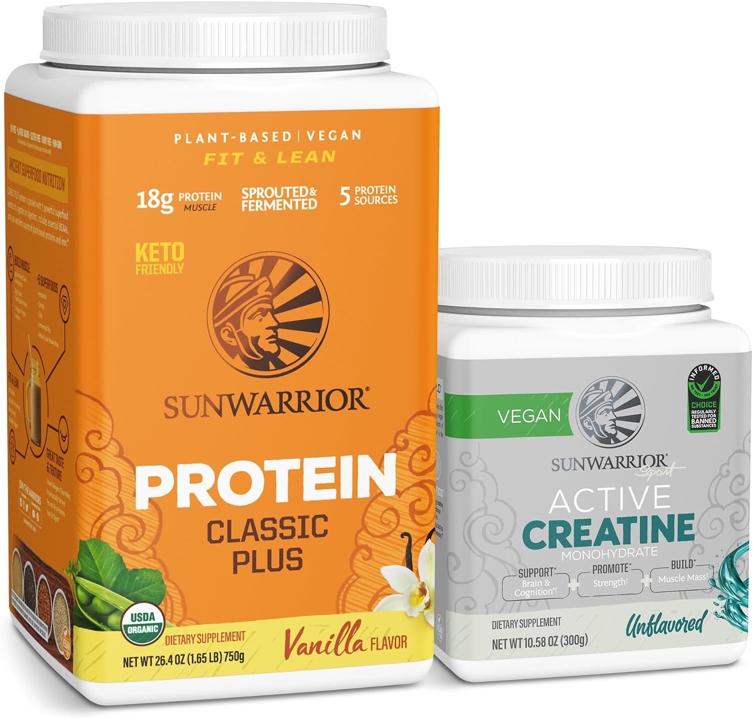 Creatine Powder & Vanilla Classic Plus Organic Protein Powder Set | Bundle & Save | Vegan Protein Superfood Blend plus Unflavored Creatine Monohydrate (60 Servings Unflavored, 30 Servings Vanilla)