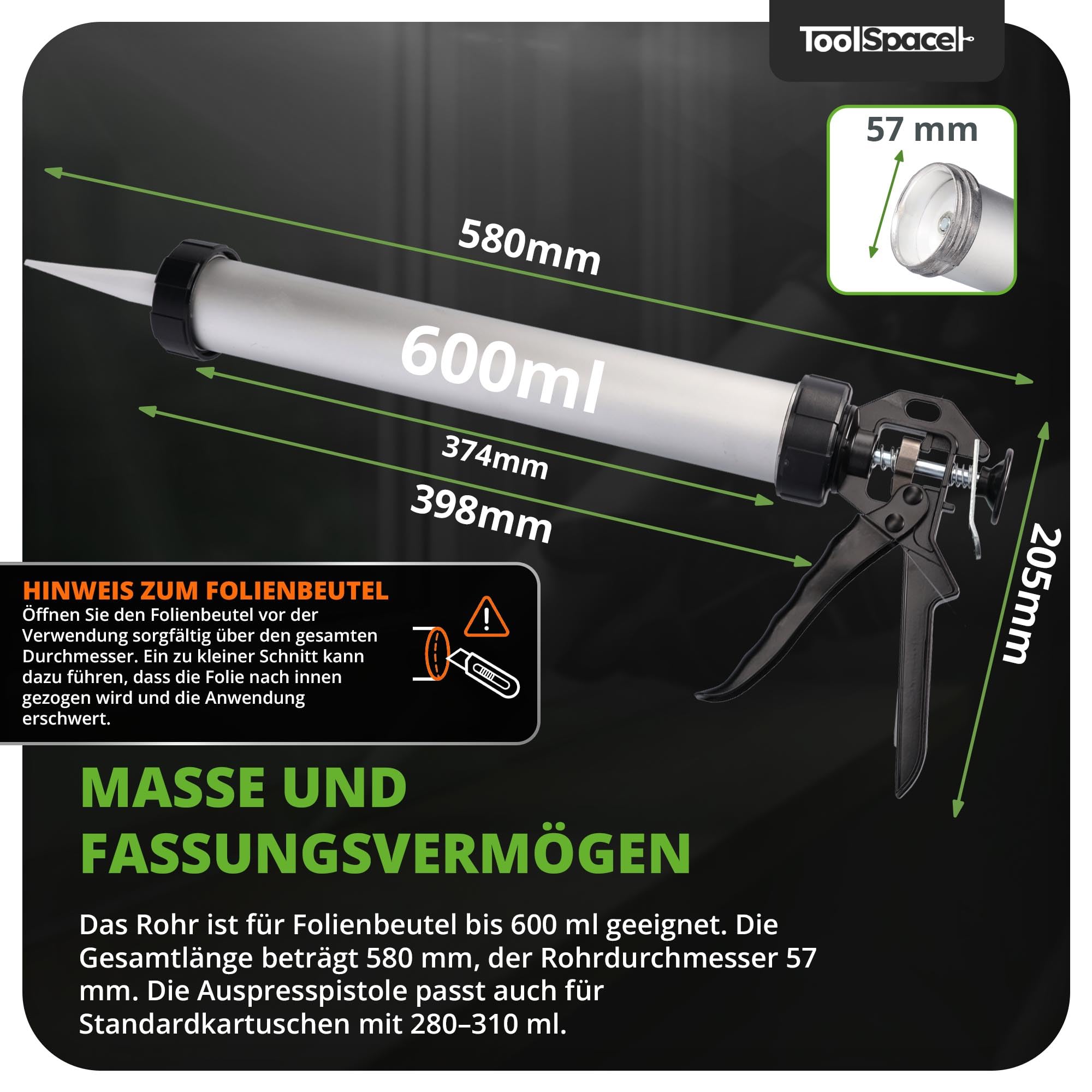 ToolSpace Kartuschenpresse 600ml Aluminium Silikonspritze für Schlauchbeutel Kartuschen Silikon Kartuschenpresse für gängige Kleb Dichstoffkartuschen Silikonpresse Acryl-Pistole geeignet für 280-310ml