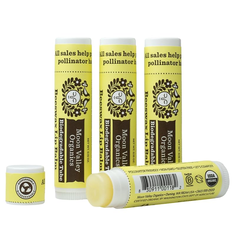 Bálsamo labial de cera de abelha Moon Valley Organics, baunilha aveludada, pacote com 4