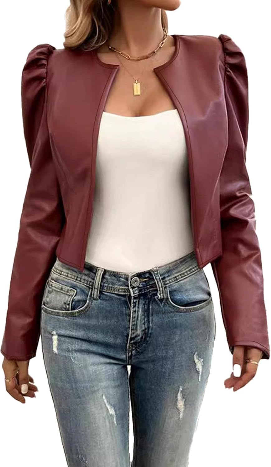 SEMATOMALA Women's Puff Sleeve Cropped Jacket Faux Leather Bolero Blazer Long Sleeve Open Front PU Cardigan
