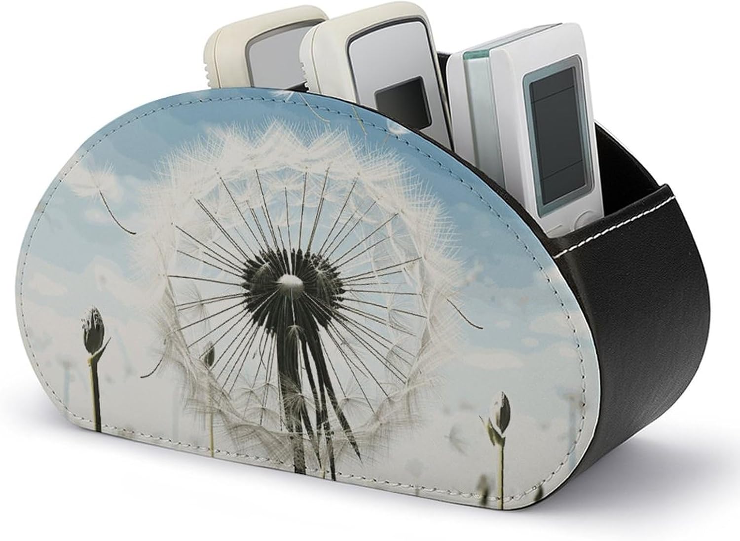Remote Organizer Caddy for Table Remote Control Holder Leather TV Remote Holder with 5 Compartments Dandelion Remote Caddy Media Storage Box for Desktop Organization
