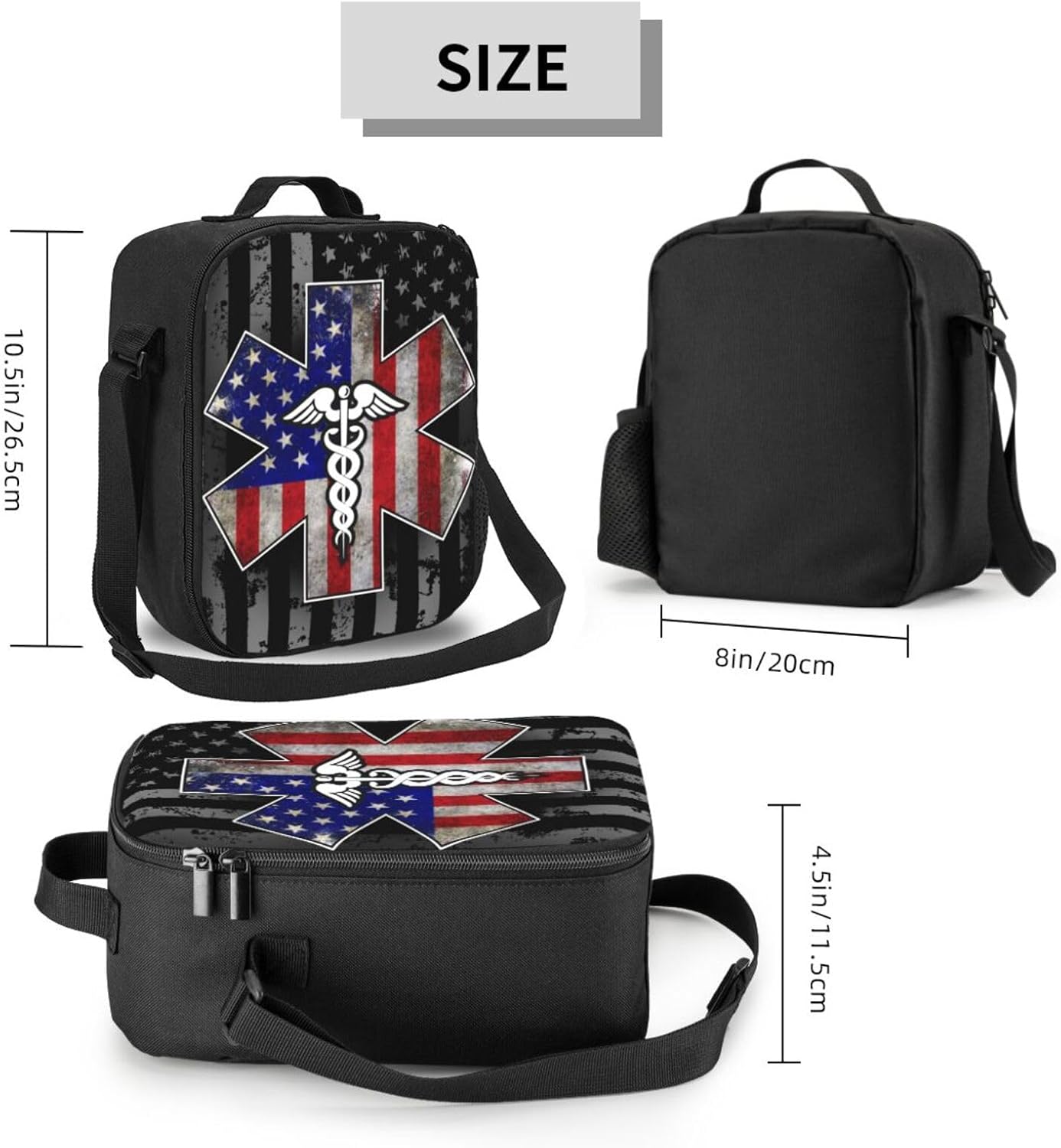 EMS Star of Life EMT Paramedic Medic American Flag Lunch Box with Side Pocket Leakproof Portable Lunch Bags for Office Beach Work