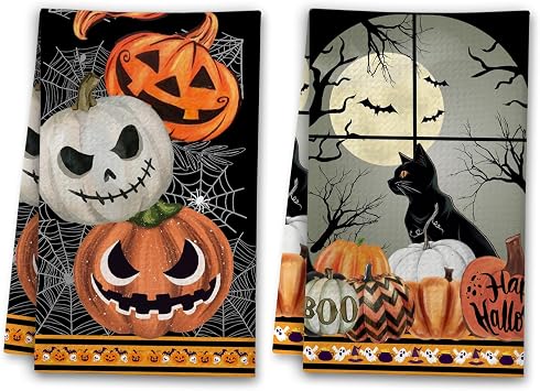 Halloween Kitchen Towels, Black Cat Pumpkin Halloween Hand Towels, Spooky Dish Towel Set 2 Pcs, Boo Pumpkin Gifts for Home Kitchen Bathroom Decor - C01