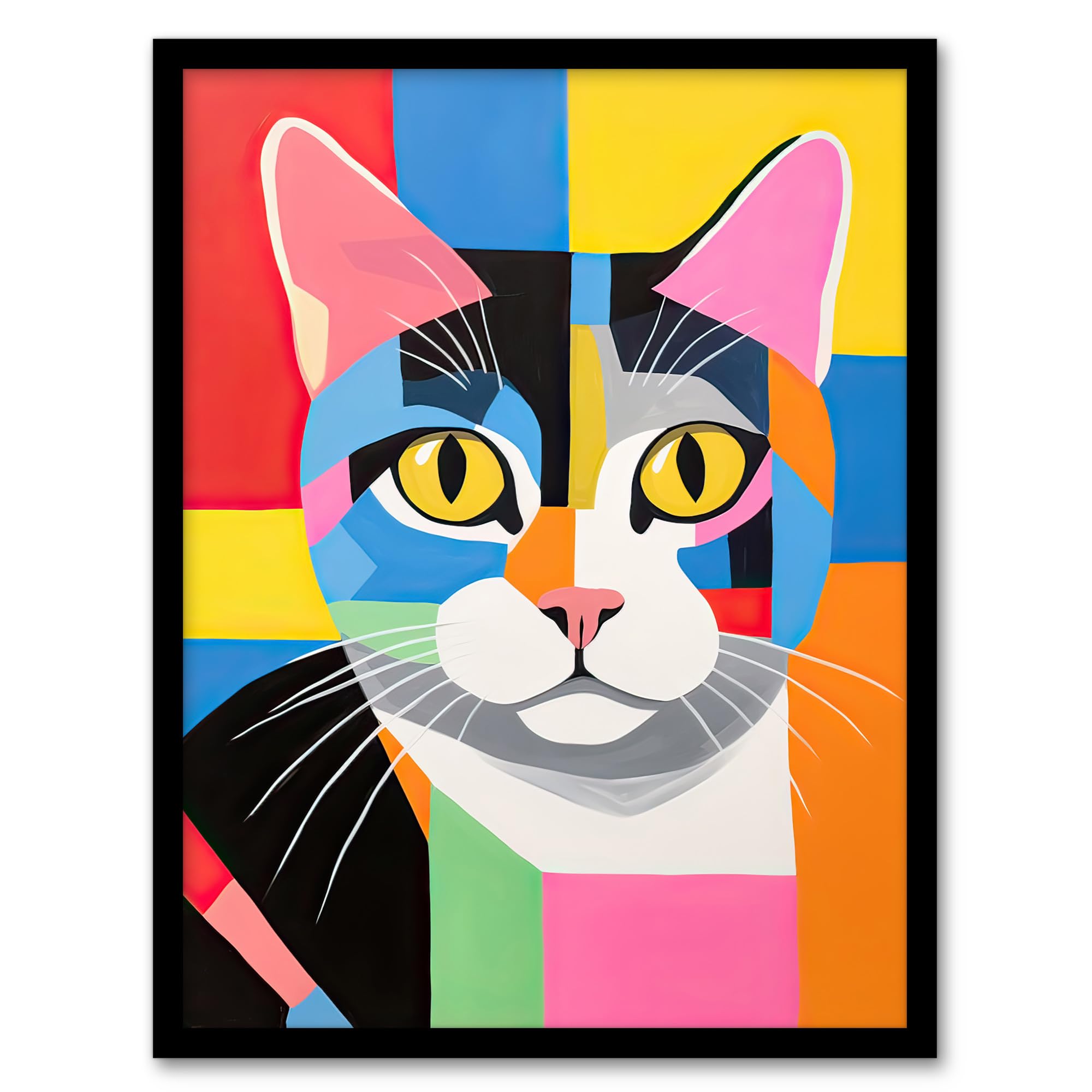 Artery8 Abstract Tabby Cat Oil Painting Vibrant Geometric Fun Pet Portrait Artwork Framed Wall Art Print A4