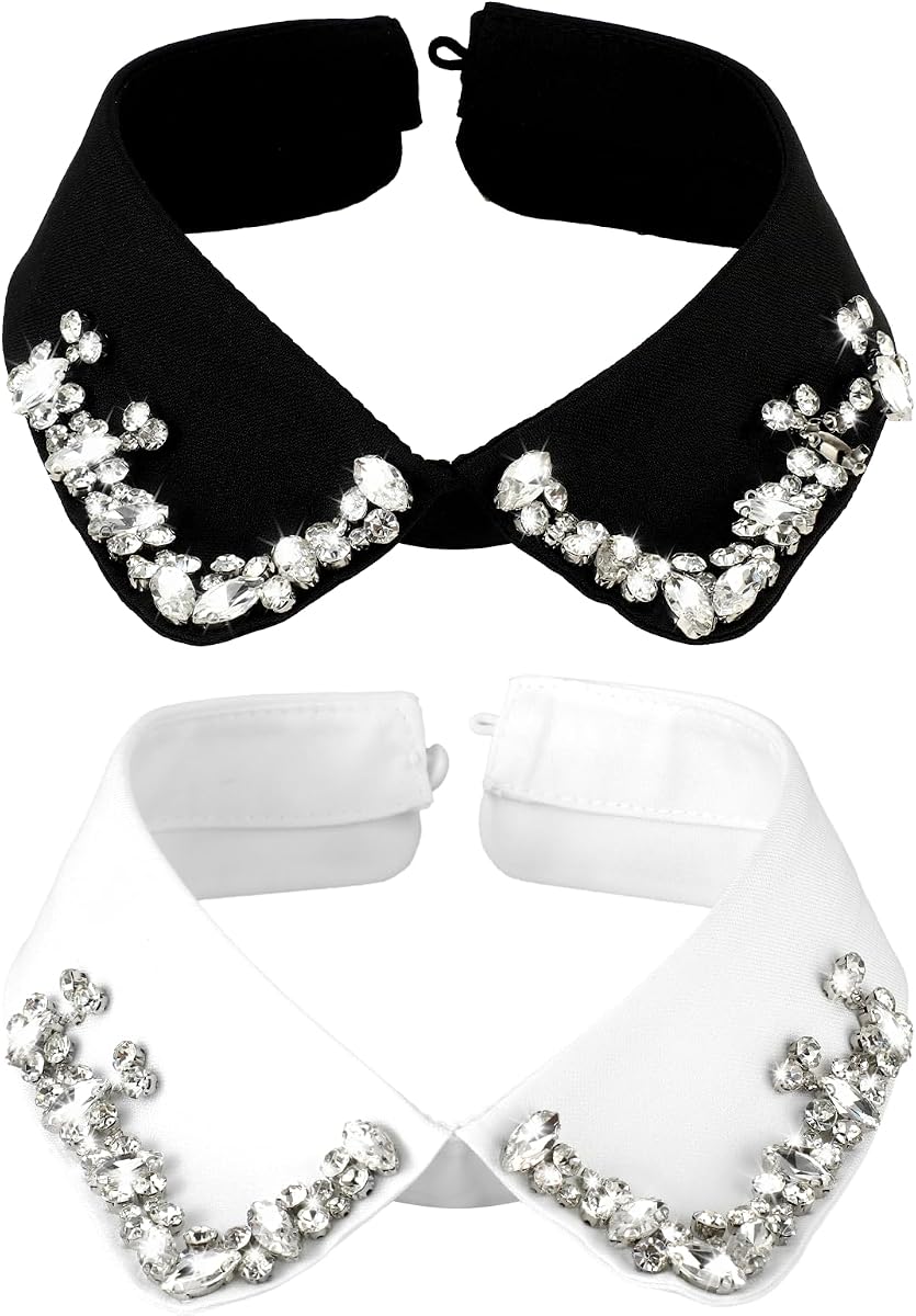 2 PCS Collars for Women, Rhinestone Fake Collar, Detachable Fakecollar for Shirt, Sweaters, Jackets, Shirts, Dresses, Uniforms, White Black Classic Style